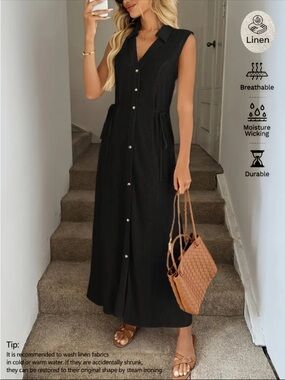 NWT. 100% Linen Sleeveless Black Button-Front Maxi Dress